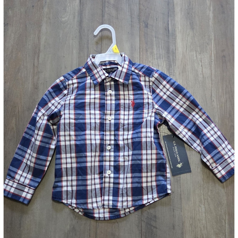 US Polo Assn Blue & White Plaid Button Up Shirt 3T NWT